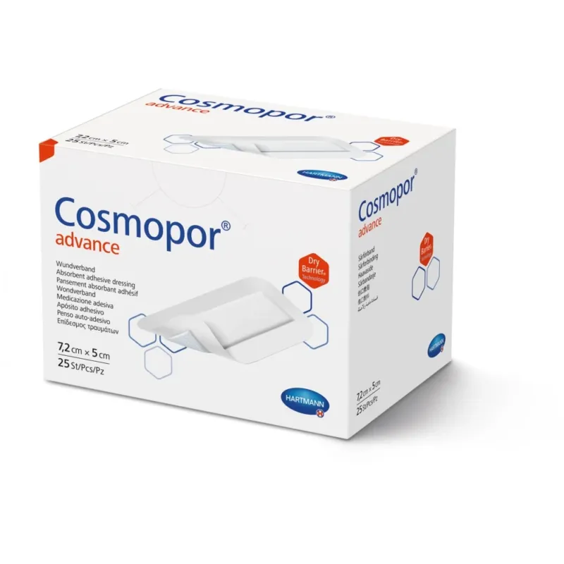 Verpackung des Cosmopor Advance Wundverbandes 7,2 × 5 cm, 25 Stück, mit DryBarrier® Technologie.