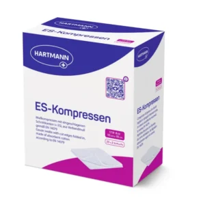 Verpackung HARTMANN ES-Kompressen steril 10×10 cm, 17-fädig, 8-fach, 25×2 Stück.