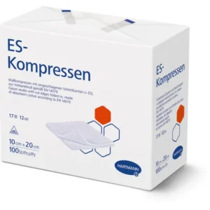 Packung ES-Kompressen 10×20 cm von Hartmann mit 100 Stück in weißer Verpackung, schräge Vorderansicht.