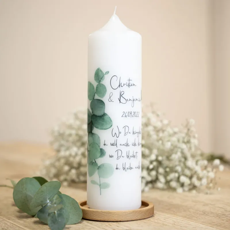 Hochzeitskerze Eukalyptus Ranke mit Namen und Datum