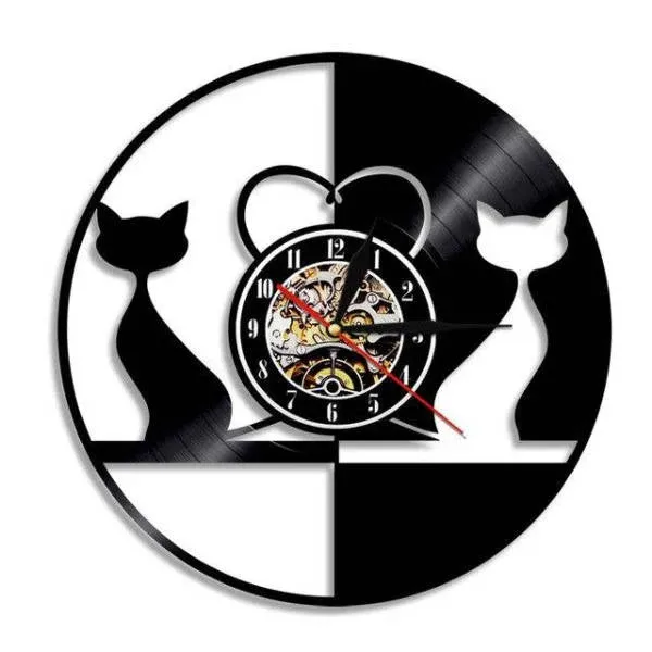 Design Wanduhr Katze aus Schallplatte