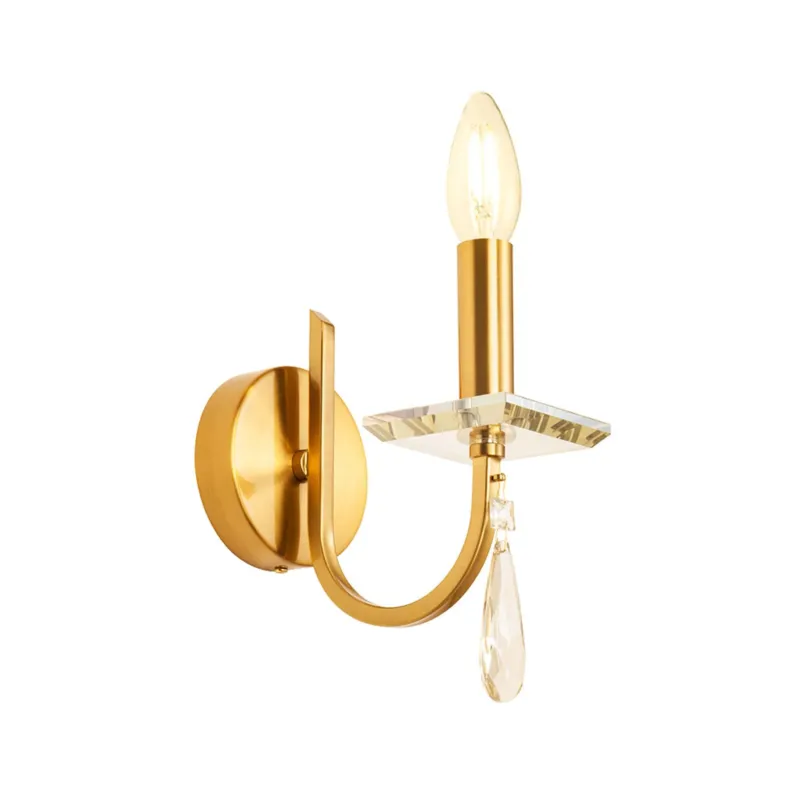 Wandleuchte Elisir 1-flammig Messingfarben mit Glas und Kristallpendel, elegante Wandlampe in Goldoptik