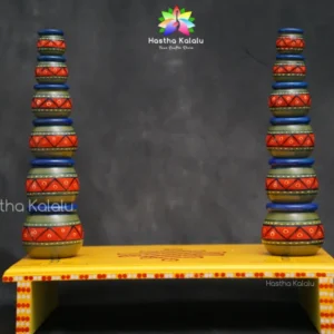 Handmade Wooden Pile of Pots With Rangoli Painted Wooden Chowki