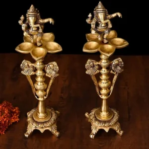Brass Dancing Ganesha Five Petal Lamp Pair (12 Inch)
