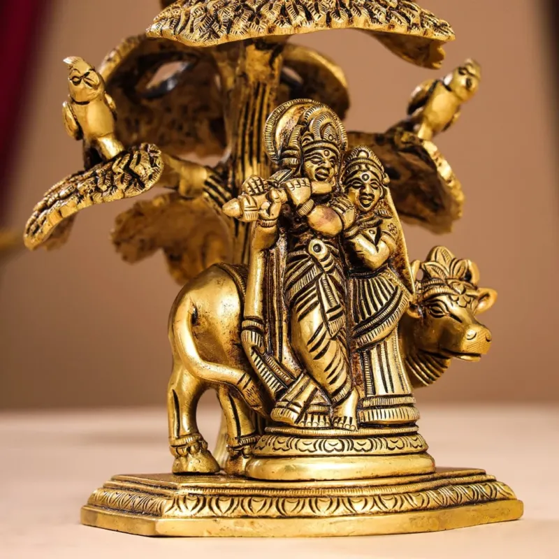 Brass Superfine Radha Krishna With Cow Idol Under Tree (7 INCH)