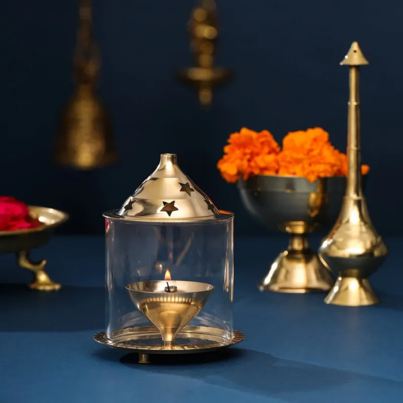 Brass Akhand Jyoti diya with Borosilicate Chimney Glass (5.5 inch)