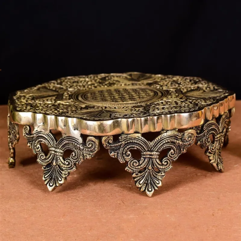 Brass Chowki with Cravings and Antique Finish (3.5 inch)