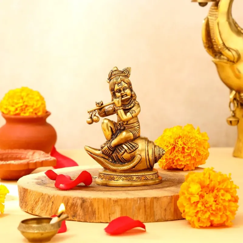 Brass Superfine Lord Krishna Sitting On Conch (5 INCH)