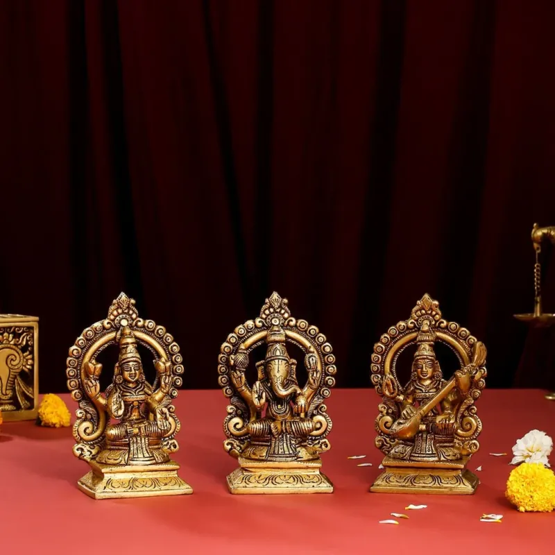 Brass Superfine Lakshmi, Ganesha, And Saraswati On Throne Set (5.8 INCH)