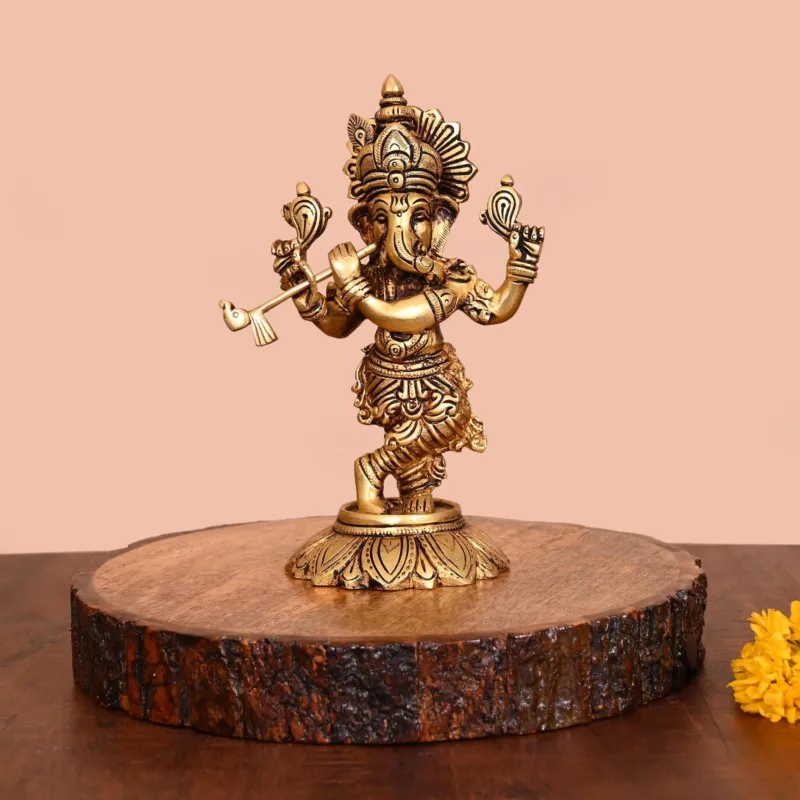 Brass Murli Ganesha Idol (7.5 INCH)