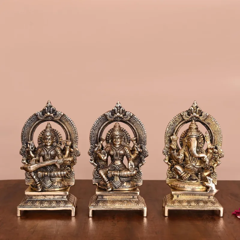 Brass Lakshmi, Ganesha, And Saraswathi On Throne Set (7.5 INCH)