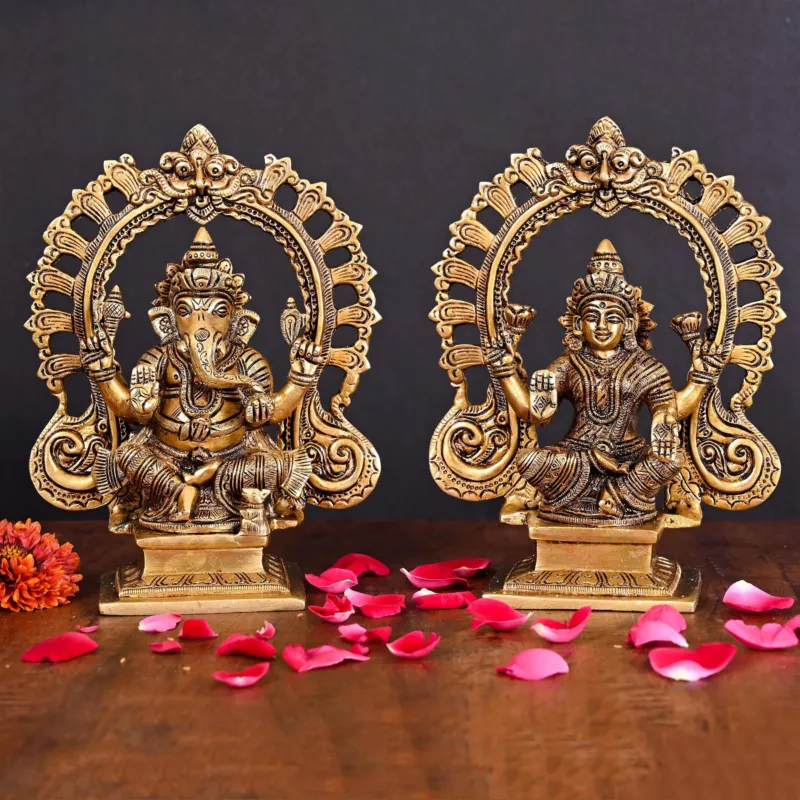 Brass Superfine Ganesha And Lakshmi On Throne Idol (8 INCH)