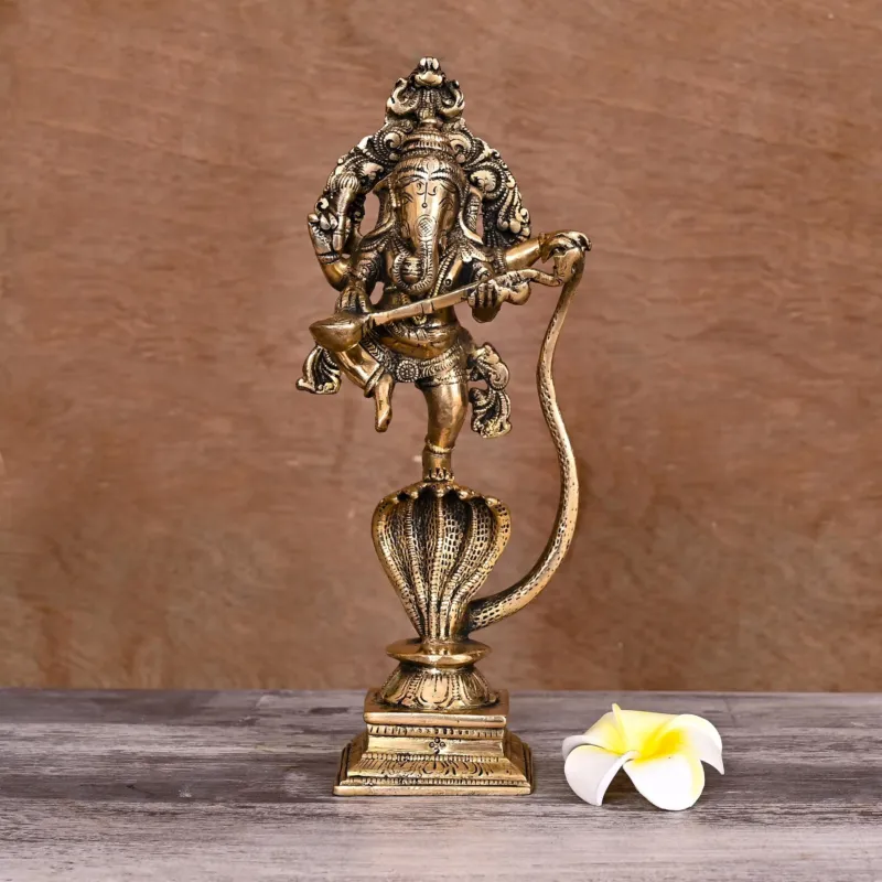 Brass Lord Dancing Ganesha On Snake (10.5")