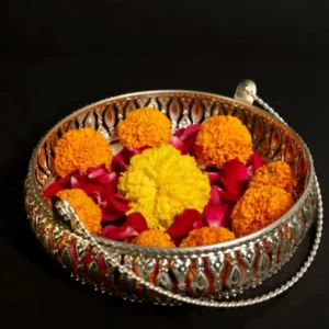 Round German Silver Flower Basket | Pooja Basket with Handle | Dolchi Basket