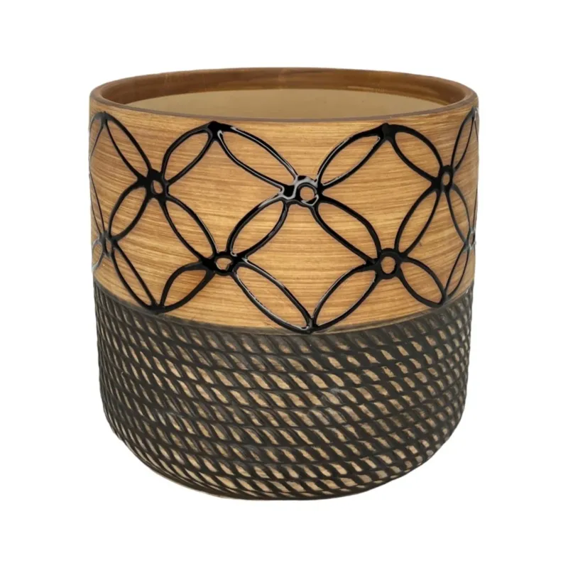 Blumentopf handbemalt, Ø17cm, 19cm hoch, schwarze Linien, beige/braun, mit Loch -KAKTOS