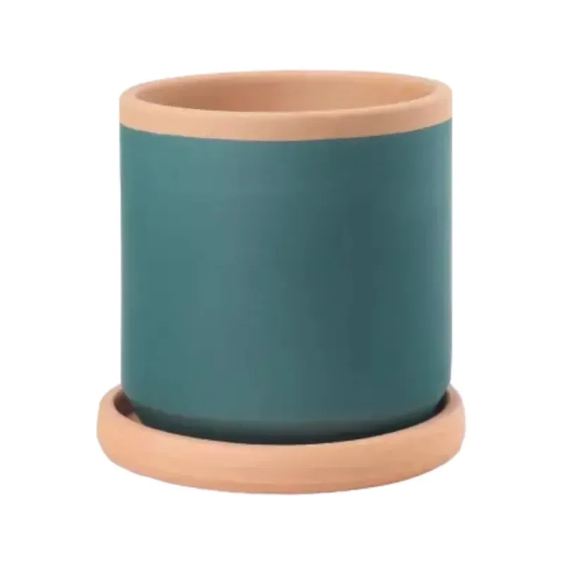 Casa Atlântica Terracotta-Blumentopf (Ø 13cm) in Waldgrün mit Untersetzer, handgefertigt -KAKTOS