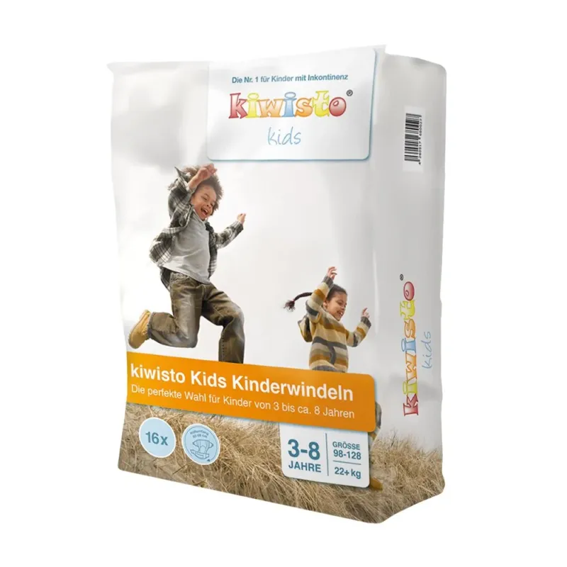 Das Bild zeigt eine Packung Kiwisto Kids Windeln für Kinder im Alter von 3 bis 8 Jahren. Die Verpackung hat ein farbenfrohes Design mit bunten Tiermotiven, darunter Elefanten, Löwen und Vögel, die den kindlichen Charakter unterstreichen. Auf der Vorderseite sind wichtige Informationen über die Windeln abgedruckt, wie die Altersgruppe und die Saugfähigkeit.