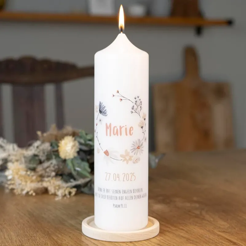 Kommunionkerze Blumenkranz mit Name und Datum