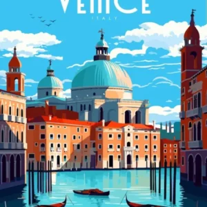 Venice, Italy Travel Poster- Romantic Wall Art - the print shows the Grand Canal with its iconic gondolas and august palaces, set against the backdrop of the magnificent St. Mark's Basilica