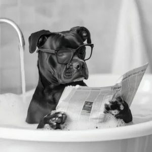 Staffy Bull Terrier In Bathtub Wall Art, Dog Reading Newspaper, Black Staffy Poster, Black And White Print, Funny Art, Bathroom Wall Decor