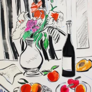 Wine and Flowers on the Table. Matisse Style Sketch Kitchen