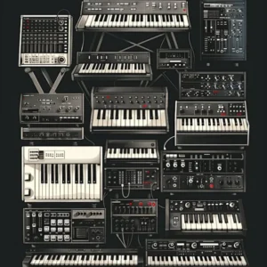Illustration Of A Lot Of Analog Synths In Front And Cenital View In The Style Of Postage Stamp, Black Background, Minimalistic, Vector