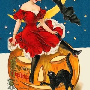 Halloween Greetings Young Witch Sitting On A Pumpkin Her Black Cat And A Flying Bat