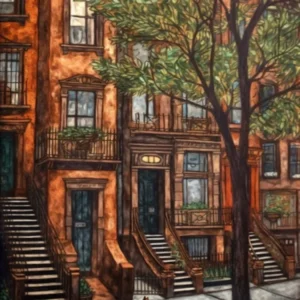 Painting Of New York With A Cat In The Style Of William Morris 1