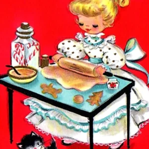 Little Girl Is Making A Christmas Cakes With Her Little Cat
