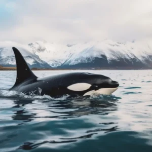 Realistic Photography Of Orca Whale Emerging Out Of Water With Icy Mountain In Background 1