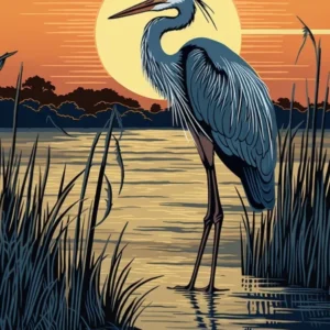 Vintage Bird Linocut Great Blue Heron 7