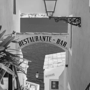 Restaurant on mediterranean idyllic view sea coast