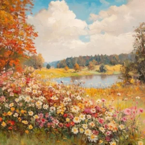 Autumn Wildflower Field Landscape Painting Vintage Autumn Print Country Field Wall Art Digital Download Warm Tone Print Nature Printable