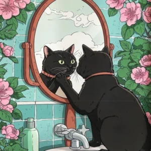 Bathroom Black Cat In Mirror Print, Funny Japanese Cat Bathroom Poster, Japanese Art, Cherry Blossom, Japandi Wall Art, Cat Lovers Wall Art