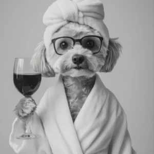 Cockapoo In Bathrobe Holding Wine Print, Black And White Wall Art, Dog Owner Gift, Pet Art, Funny Dog Poster, Bathroom Wall Decor