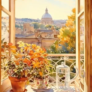 Window View Of Rome Italy In Autumn Fall, Watercolour 4