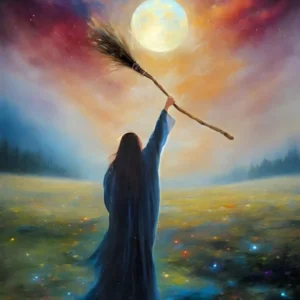Hail the Lunar Goddess! Full Color - Witchy Art Work by John Arwen Full Moon Pagan Witch Broomstick Hecate Hekate Diana Summer Fields Colorful Aesthetic Women Healing Empowerment Spellcasting Wicca Wheel of the Year Witches Feature Wall HD