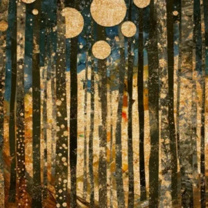 Gustav Klimt Style Forest Nightscape Wall Art – Mixed Media Art Gold Leaf Texture Abstract Woodland with Moon, Stars, Trees – Surreal Nature Wall Art for Modern Living Room, Boho Bedroom, Office Decor