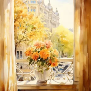 Window View Of Zagreb Croatia In Autumn Fall, Watercolour 2