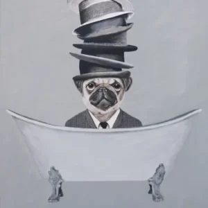 Pug With Stacked Hats In Bathtub