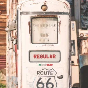Route 66, USA I Vintage retro gas pump at Hackberry General Store in Arizona American countryside with a pastel white aesthetic photography on a road trip through the destroy American West coast to California