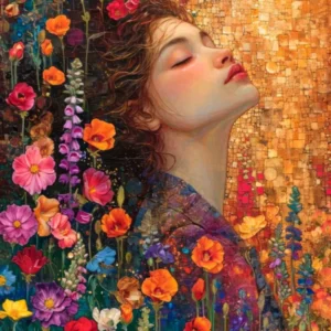 Dreaming of Flowers. Woman Portrait. Gustav Klimt Style