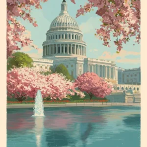 Vintage Washington DC Travel Poster – Cherry Blossoms & Capitol Building Art