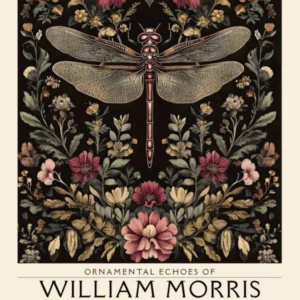 William Morris Dragonfly and floral artwork in Warm earth tones, insect and flower pattern dark academia library Botanical vintage print, living room vintage decor Floral tapestry Victorian nature art 3