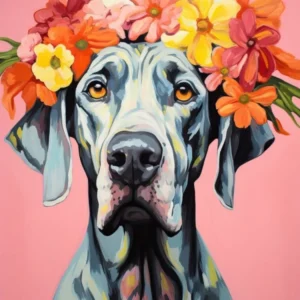 Great Dane Portrait With A Flower Crown, Matisse Painting Style 3