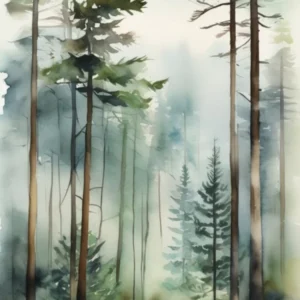 Appalachian Mountains of Misty Pines Watercolor Print of Evergreen Forest..121