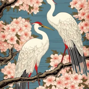 Cherry Blossom And Cranes 4 Vintage Japanese Botanical