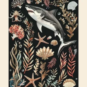 Great White Shark Black Background Illustration 2 Poster