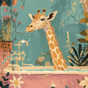 Pastel Illustration Of A Giraffe In The Bath 1
