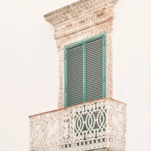 Puglia, Italy I Minimalist window with green shutters in Italian architecture photography for la dolce vita as in Rome Milan Florence or Venice with retro vintage pastel aesthetic during italian summer